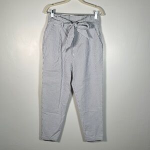 H&M Striped Paperbag Waist Pants Size 8 (M) Cotton Tie Belt Ankle Chic Costal